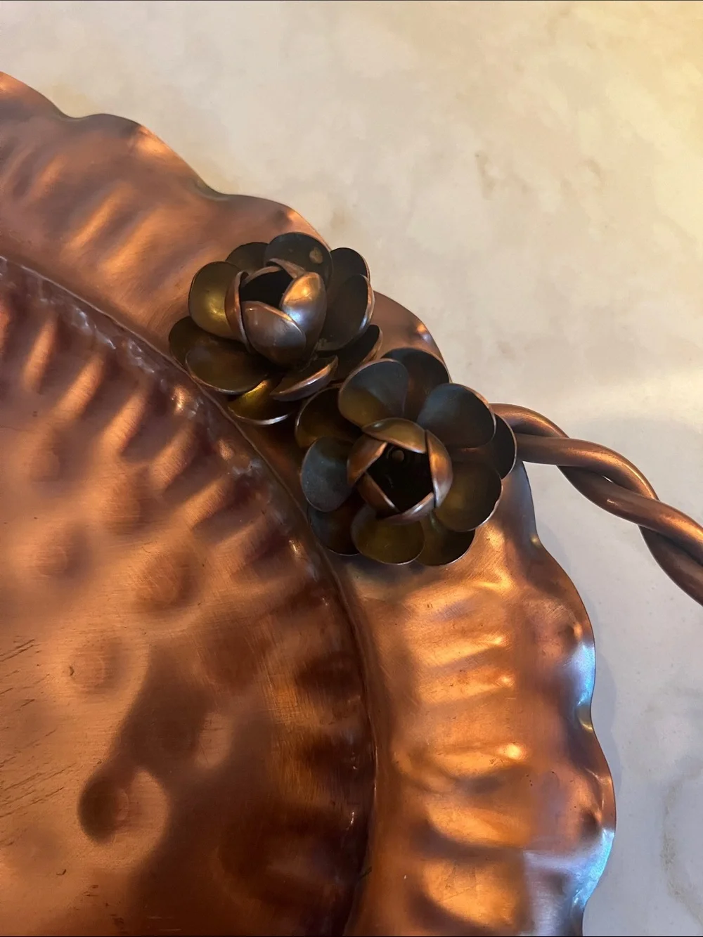 Vintage Gregorian Copper Tray platter with copper roses twisted handles #907